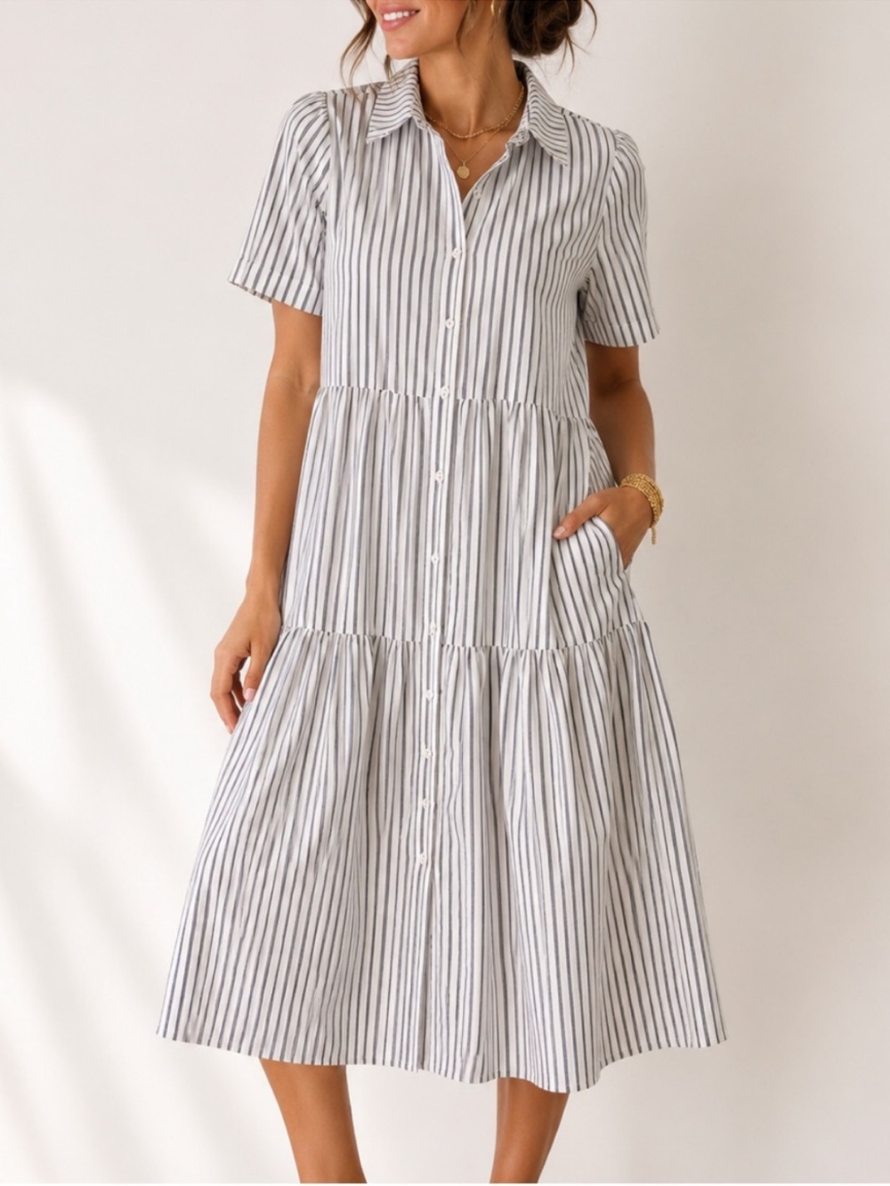 Evereve Striped Button-Front Midi Dress in White and Gray